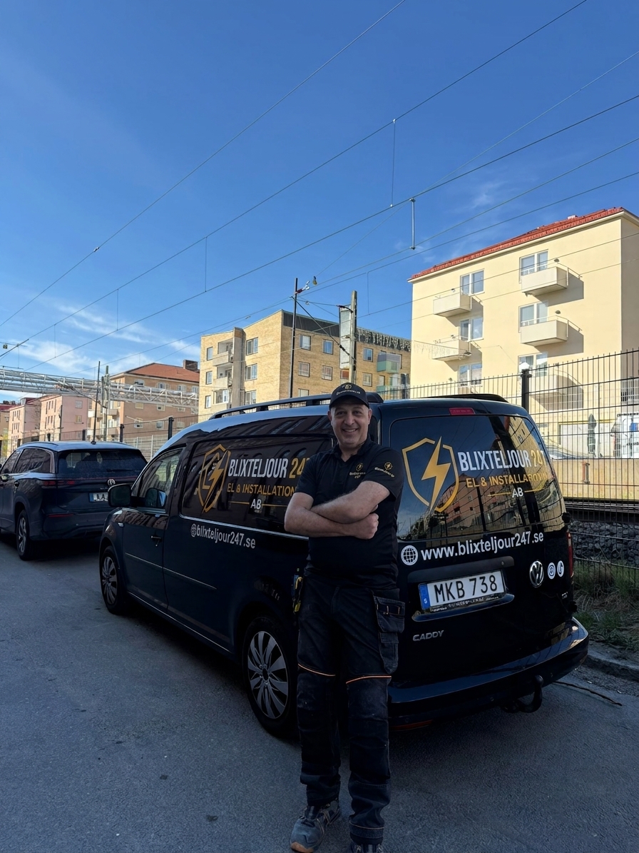 Certifierad elektriker från Blixt Eljour 247 står vid företagets servicebil i Stockholm